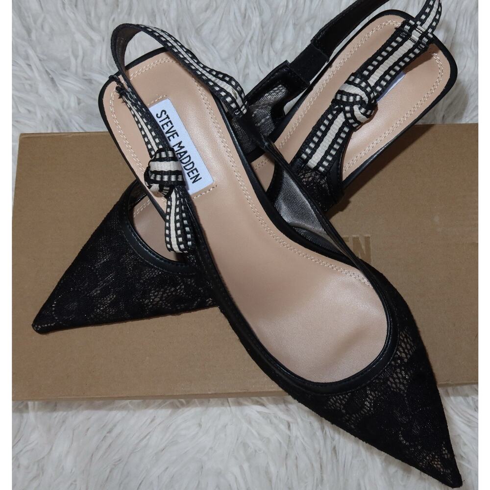 Steve Madden Versali Black Lace Bow Slingback Kitten Heels Women’s 11